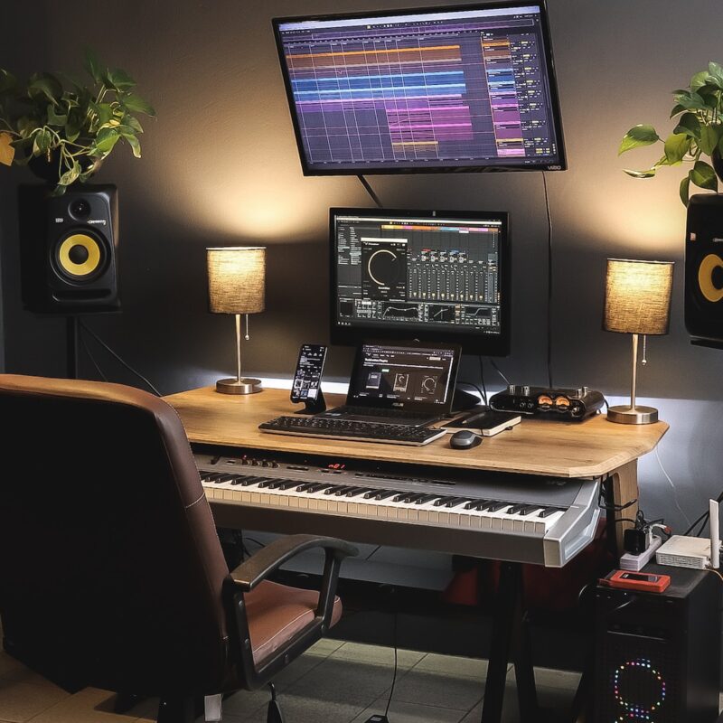 a desk with a keyboard and a monitor