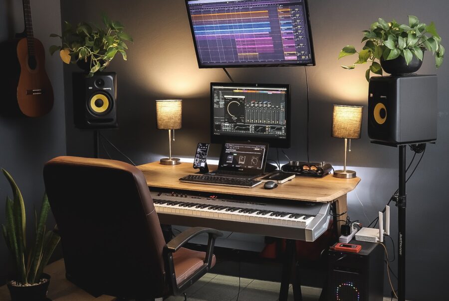 a desk with a keyboard and a monitor